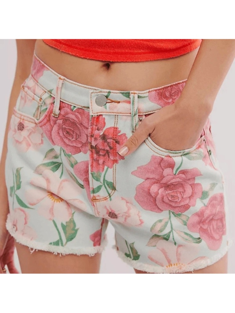 Driftwood Goldie 100% Cotton Floral Print Mid Rise Fray Hem Shorts Size 30